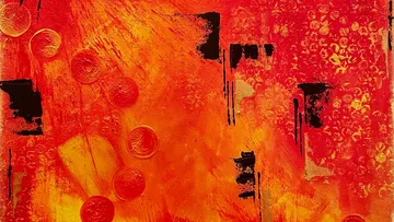 Red-orange background with abstract shapes and textures.