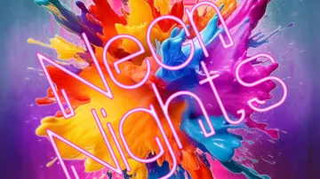 Bunte Farbexplosion mit dem Text „Neon Nights“ im Vordergrund.