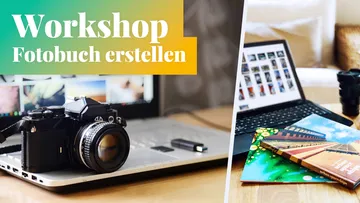 Camera on laptop, photo book workshop in a cozy room.