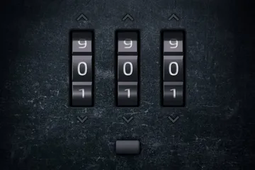 The combination lock shows the 9001 combination on a background.