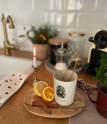 Tasse mit Zitrusfrüchten und Zimt auf Holzunterlage.