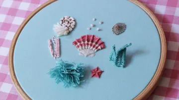 Embroidered shells and corals on a light blue fabric frame.