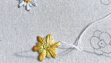 Embroidered flowers sit on a bright fabric background.