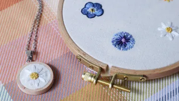 A pendant and an embroidered frame lie on fabric.