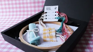 Gesticktes Set mit bunten Fäden in schwarzer Schachtel.