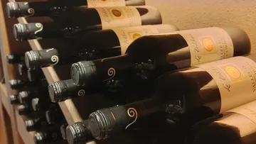 Wine bottles are on the shelf and are well sorted.