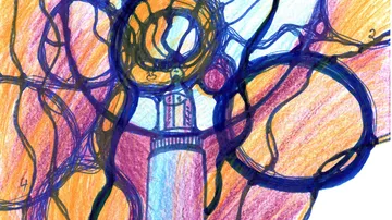 Colourful drawing with lines and a central object.