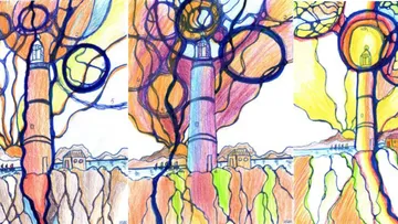 A lighthouse stands between colorful, winding lines.