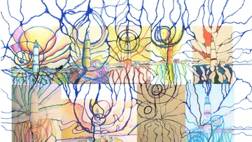 Bunte Landschaft mit Leuchttürmen und abstrakten, verworrenen Linien.