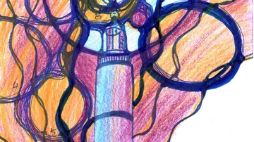 Colourful lines circle a silver pen.