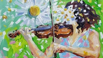 Woman playing violin under blooming flowers outdoors.