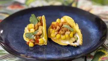 Zwei Tacos mit Gemüsefüllung auf einem blauen Teller.
