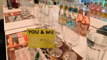 Glasses and drinks for a gin and tonic tasting session.