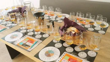 Tisch gedeckt mit zahlreichen Gläsern und Snacks.
