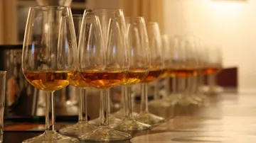 Row of glasses with orange drink on table.