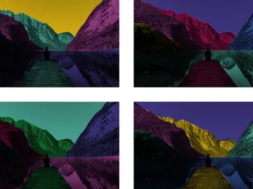 Vielfalt von Farben, Landschaft mit Person am Wasser.
