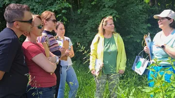 Gruppe hört einer Frau in der Natur aufmerksam zu.