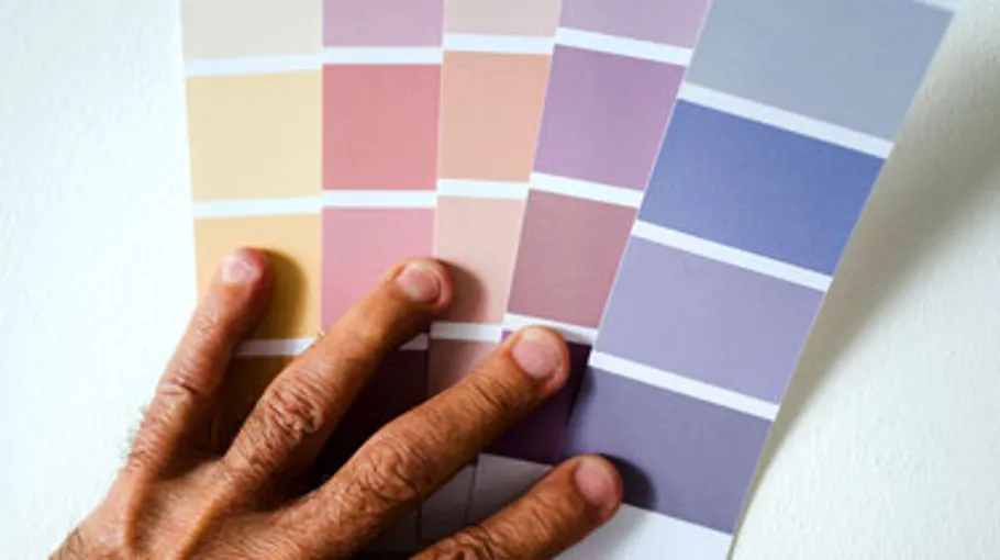 One hand holds color sample boards on a wall.