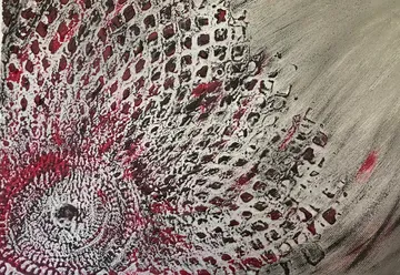 Abstract art with rotating shapes on a grey background.