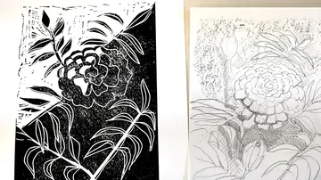 Black and white flower sketched, surrounded by plant drawings.