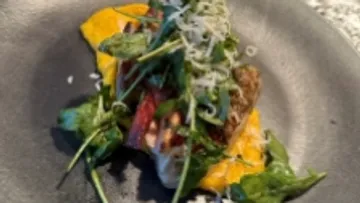 A plate of vegetables topped with herbs and cheese.