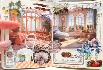 Dekorative Scrapbook-Seite mit Blumen- und Raumbildern.