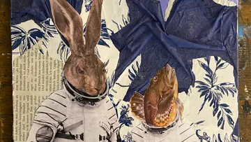 Hares and fish in spacesuits against a botanical background.