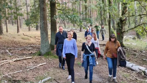 Gruppierung von Personen geht durch einen Waldweg.