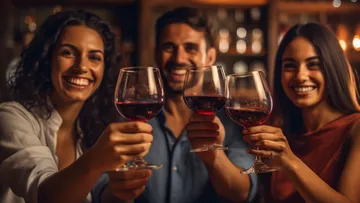 Three people raise glasses of red wine in a bar.