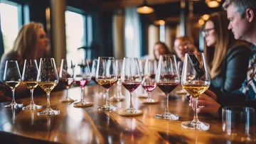 Glasses of wine are on a table, people are discussing.