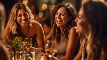Drei Frauen lachen und genießen drinks bei Kerzenlicht.