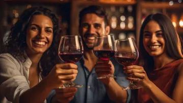 Drei Personen stoßen mit Weingläsern in einer Bar an.