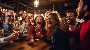 Gruppe von Menschen lacht und prostet mit Weingläsern.