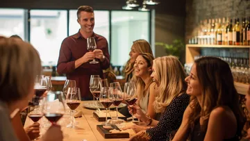 Gruppe feiert, lacht und genießt Wein in Bar.