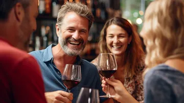 Friends laugh, toast with wine glasses, convivial atmosphere.