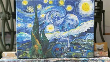 A night sky with swirling stars and a stylized landscape.