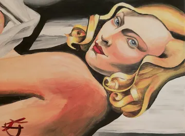 A blonde woman looks seductively to the side.