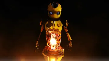 Roboter mit leuchtendem Bauch in dunklem Hintergrund.