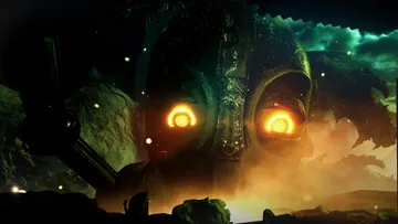 Gigantisches Wesen mit leuchtenden Augen in mystischer Umgebung.