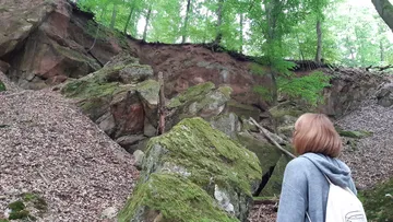 Frau betrachtet große, mit Moos bewachsene Felsen im Wald.