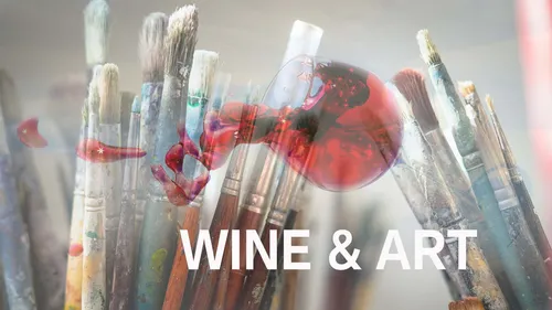 Paintbrushes with a wine glass overlay, text 'WINE & ART'.