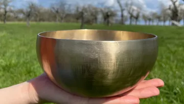 Schale in Hand, gehalten vor grüner Wiese und Bäumen.