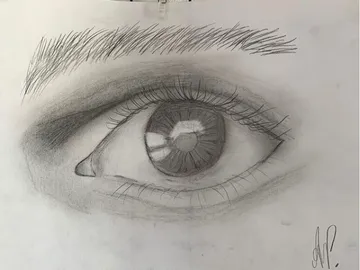 Augenzeichnung mit detaillierter Iris und Wimpern auf Papier.