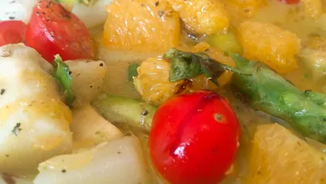 Colorful fruit and vegetable salad close-up.