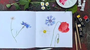 Blumenillustrationen in einem Skizzenbuch auf einem Tisch.