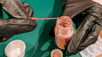 A hand with a black glove removes powdered pods from a container.