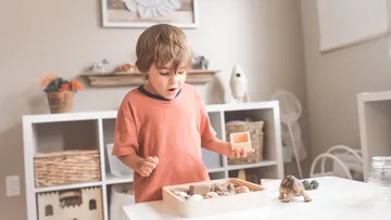 A boy discovers a box full of shells by surprise.