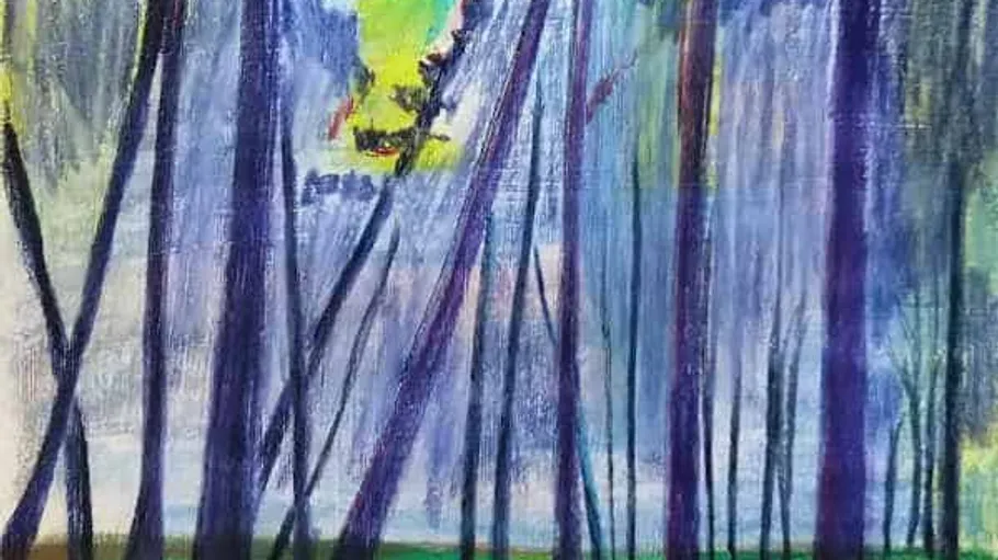 Trees stand upright, surrounded by blurred, colorful backgrounds.