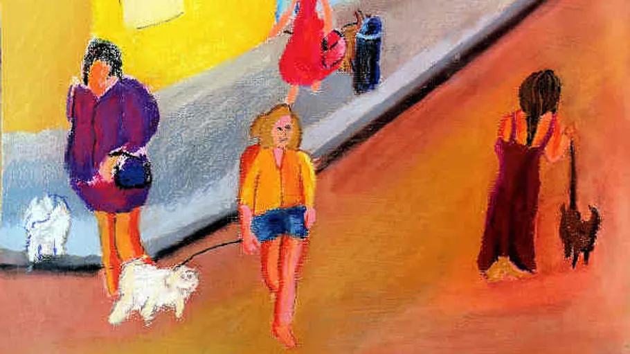 Women and children walk on the street with dogs.