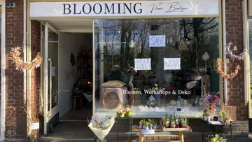 Blumenladen mit Schaufenster, das dekorative Blumen zeigt.